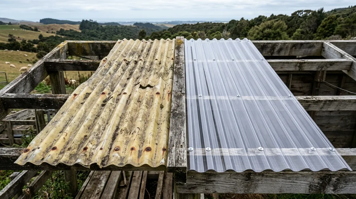 Yellowed, brittle old corrugated plastic roofing sheet beside a new clear polycarbonate sheet on a timber lean-to