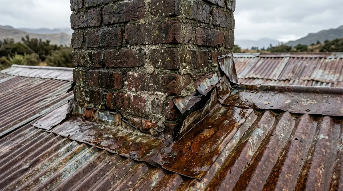Deteriorated metal flashing with a gap at the base of an old brick chimney on a rusty corrugated iron roof