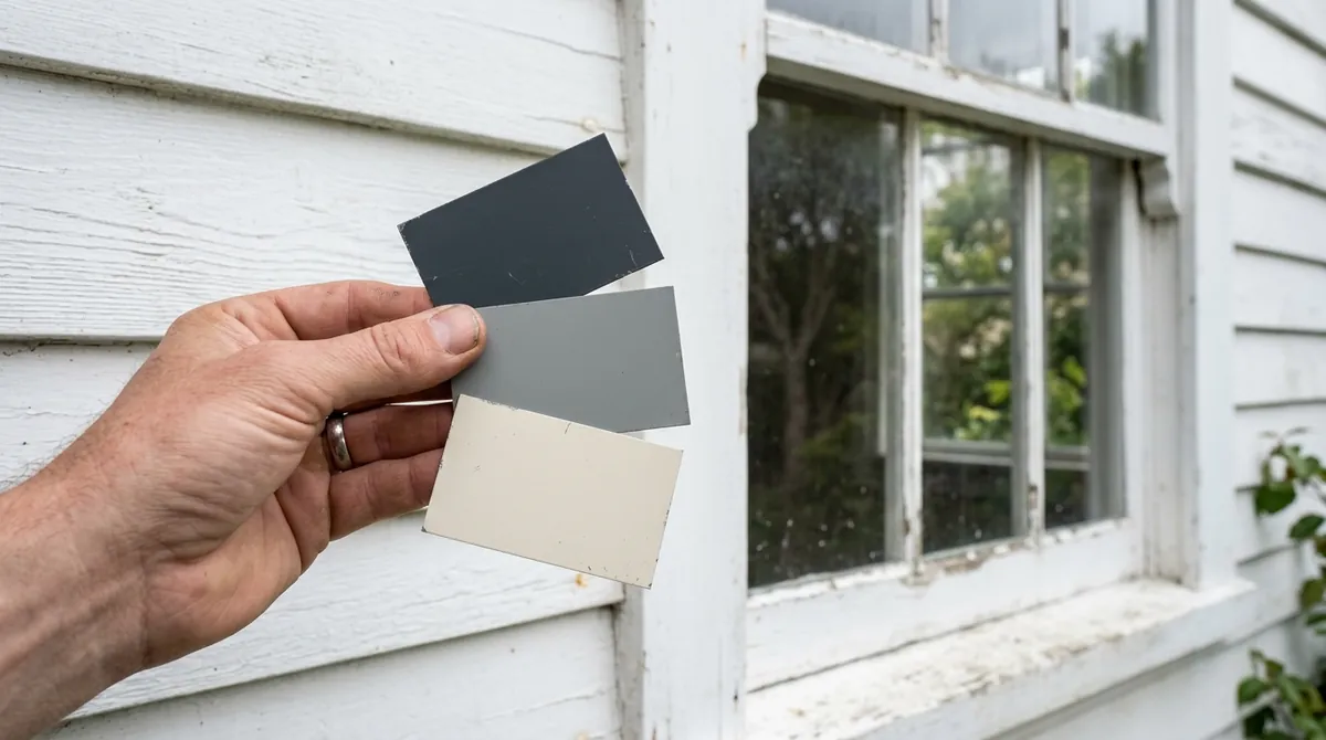Hand holding plain charcoal, grey and cream steel colour sample chips against white weatherboards and a villa window