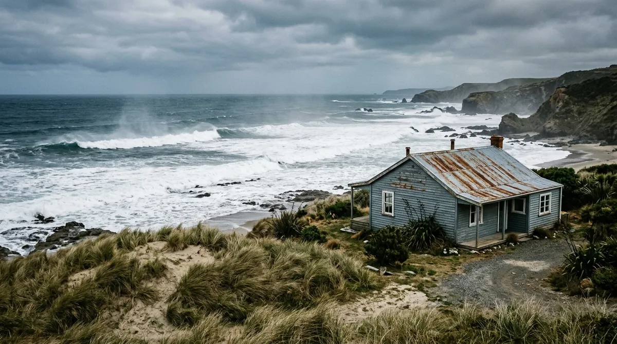 Weatherboard house with a rusting steel roof close to breaking surf on the Otago coast, sea spray in the air