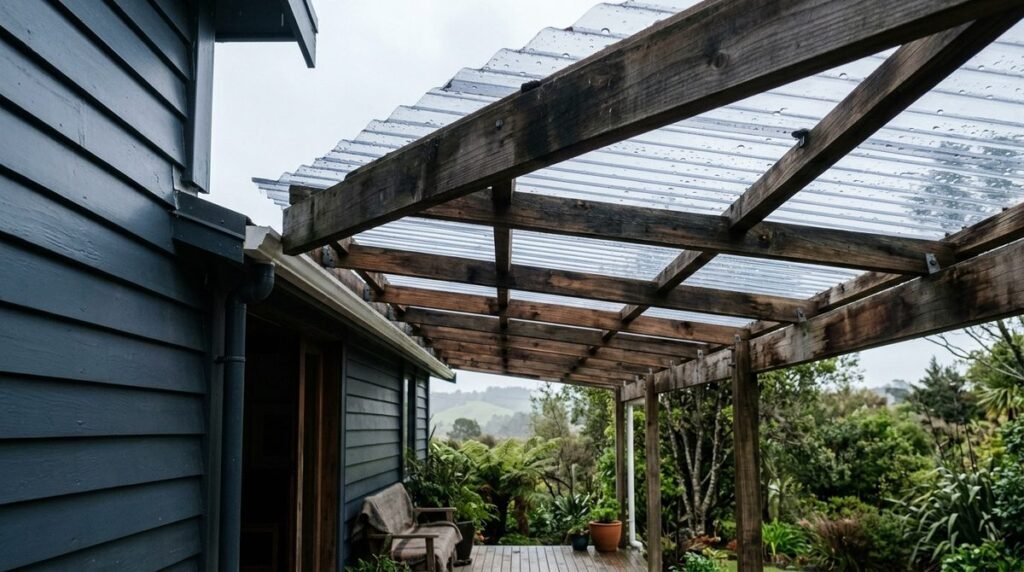 Translucent corrugated plastic roofing on a timber lean-to against a New Zealand weatherboard house