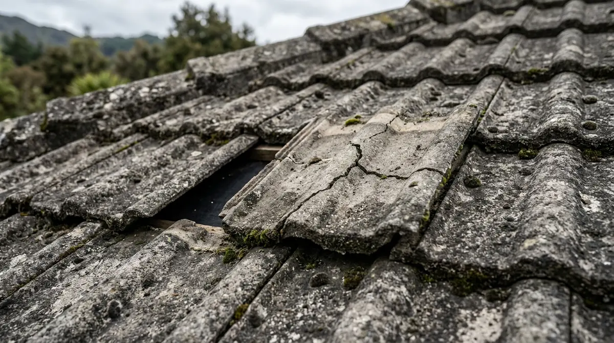 Cracked and slipped grey concrete roof tile among older weathered tiles, leaving a gap for rain