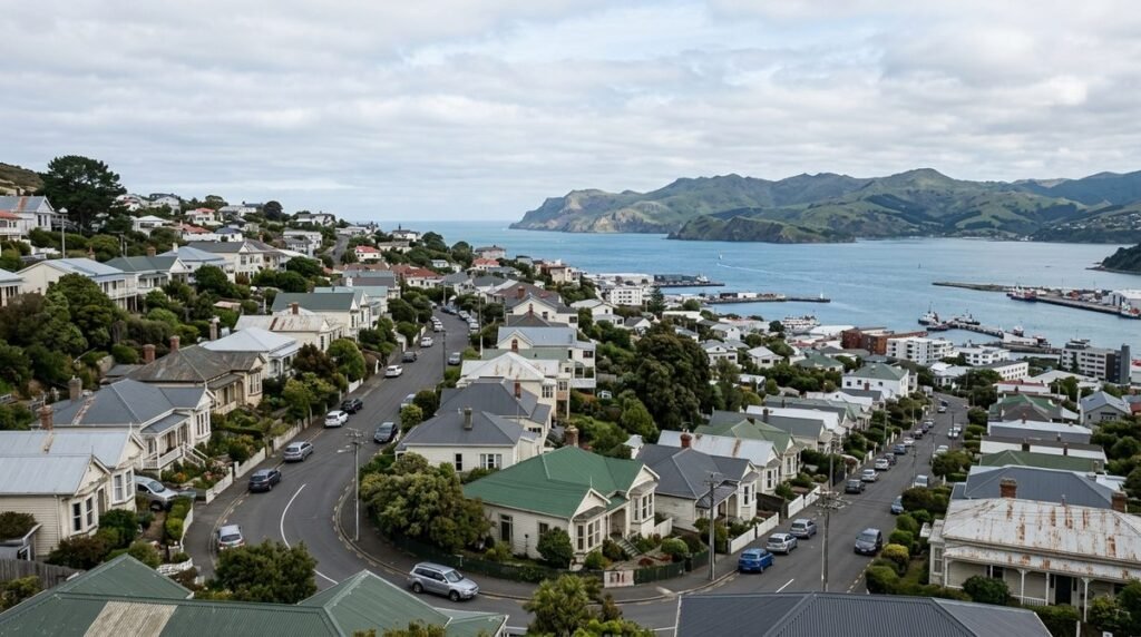 Older Dunedin hillside homes with long-run steel roofs in greys, charcoal, green and off-white, Otago Harbour beyond