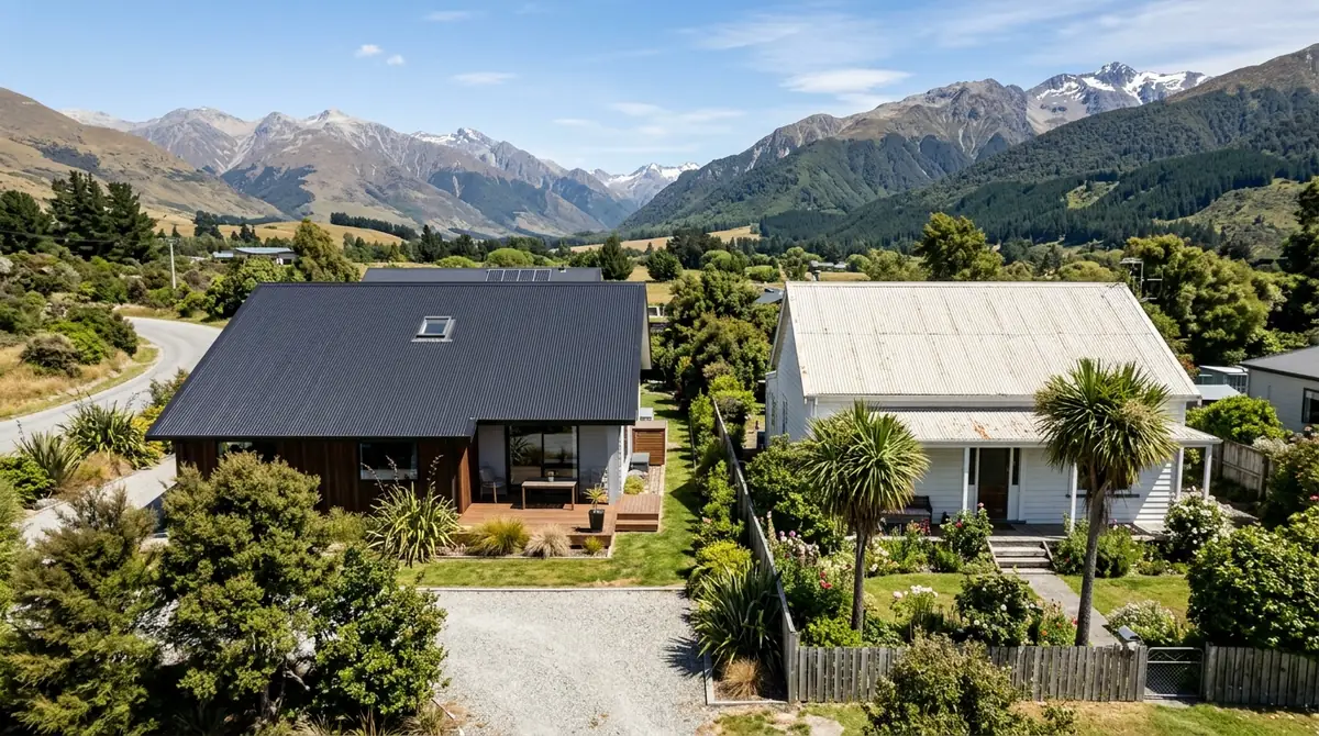 Two neighbouring New Zealand houses from above, one with a dark charcoal steel roof and one with a light off-white roof
