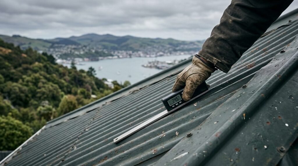 Roofer measuring the pitch of a corrugated iron roof with a digital angle finder, Dunedin harbour behind