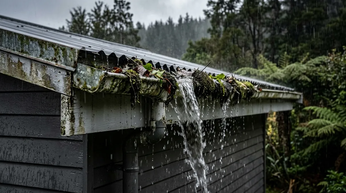 Blocked metal spouting full of leaves and moss overflowing over the fascia in heavy rain