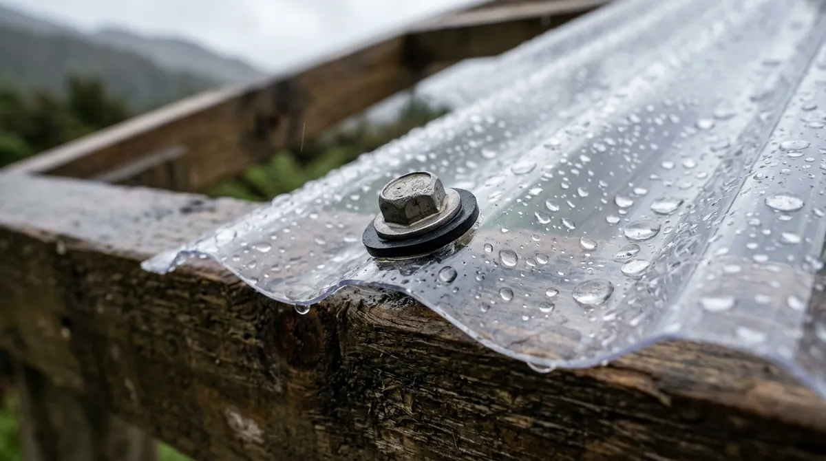 Roofing screw with rubber sealing washer fixing a clear corrugated polycarbonate sheet to a timber purlin