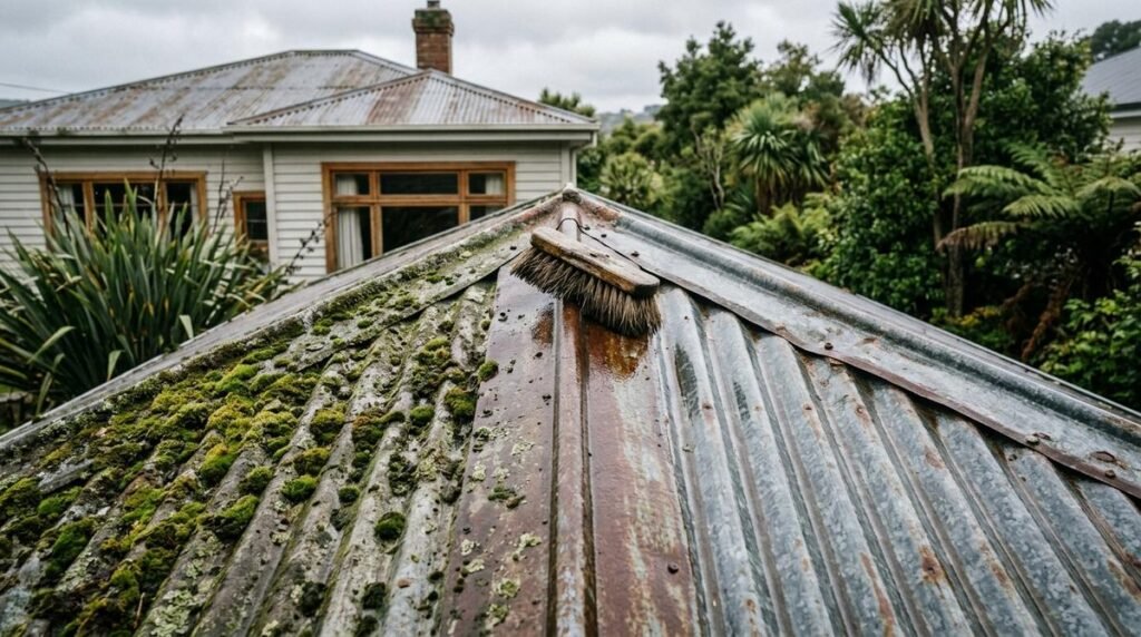 Old corrugated iron villa roof in Dunedin, half covered in moss and half cleaned, with a roof brush on the ridge