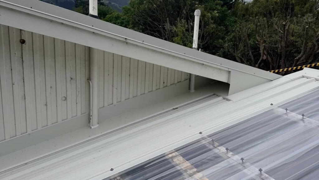New eave flashing and translucent lean-to sheeting on a reroof in Macandrew Bay, Dunedin