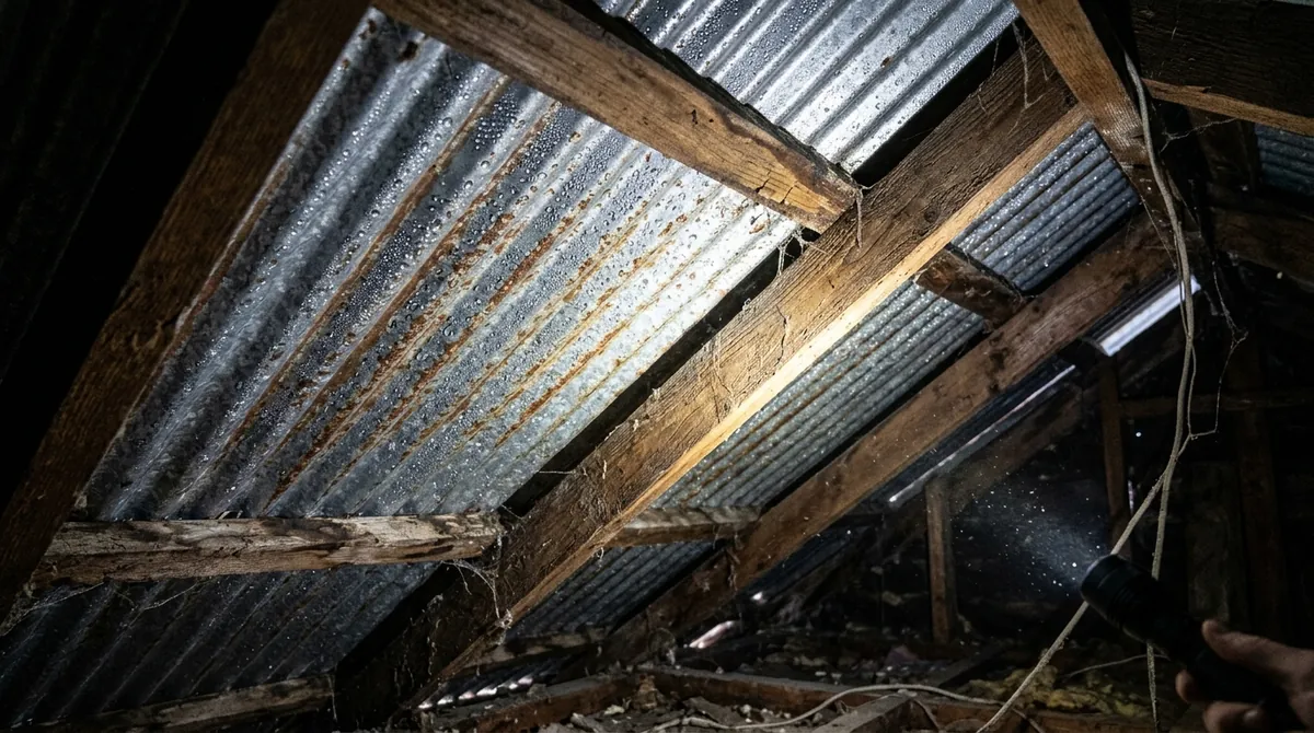 Condensation droplets on the underside of corrugated iron roofing above timber rafters, lit by a torch