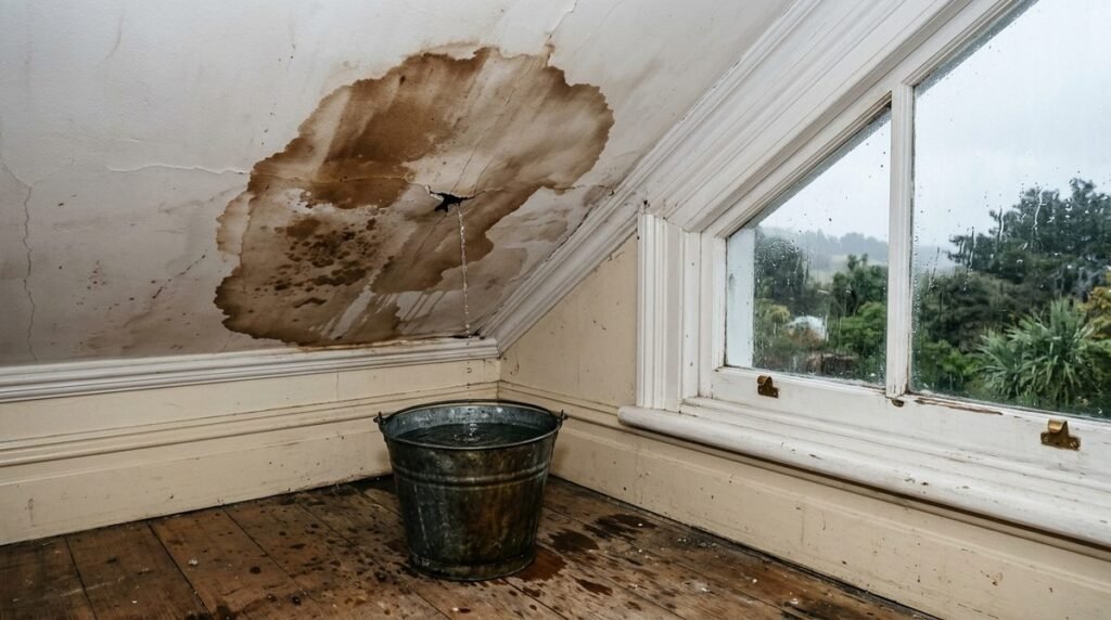 Brown water stain on the ceiling of an older New Zealand villa with water dripping into a metal bucket