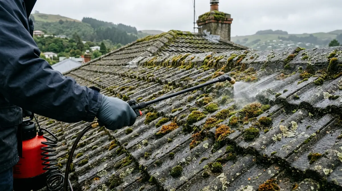 Low-pressure moss treatment being sprayed onto a moss-covered concrete tile roof on an older Dunedin house
