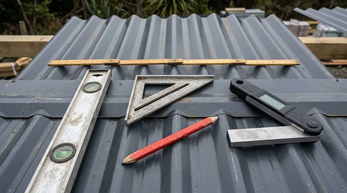 Roof pitch measuring tools on corrugated roofing: spirit level, speed square, folding ruler, pencil and digital angle finder