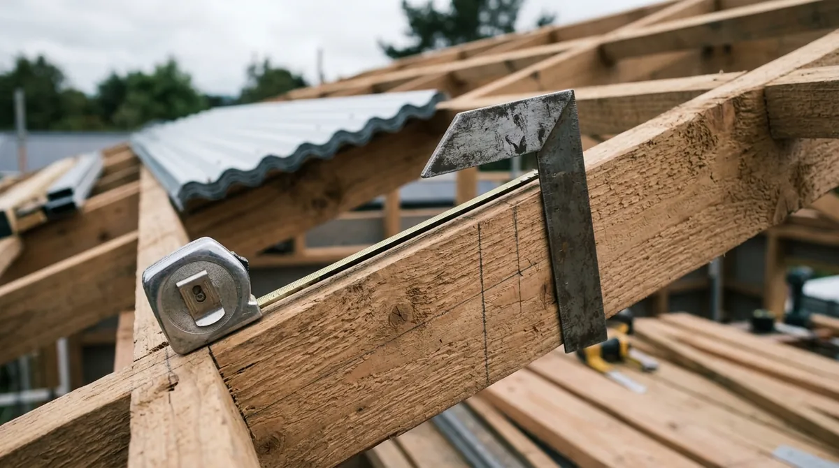 Steel roofing square and tape measure on a timber rafter, measuring rise and run for roof pitch