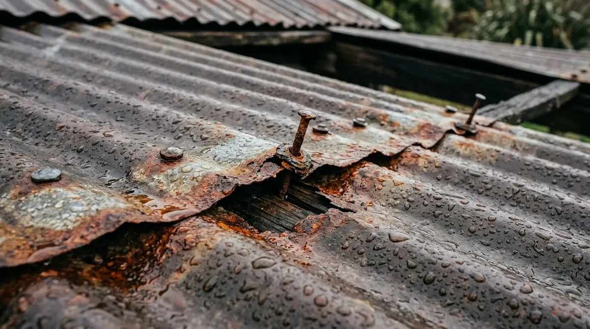 Rusted corrugated iron roof laps with lifted nail heads and a rust hole, rain beading on the sheets