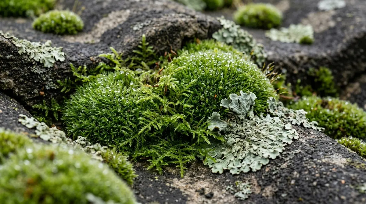 Close-up of cushion moss, feathery moss and grey-green lichen growing on weathered concrete roof tiles