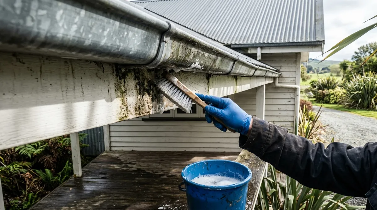 Gloved hand washing the underside of a steel gutter and soffit with a soft nylon brush, bucket below
