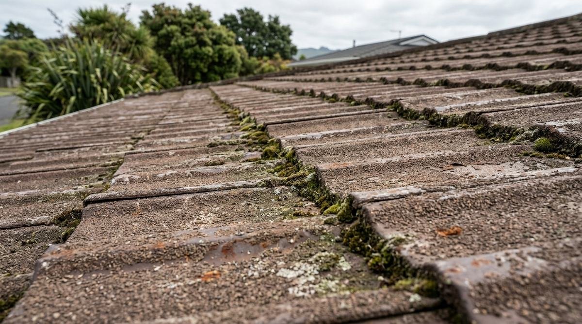 Aged chip-finish roof tiles with moss growing in the valleys