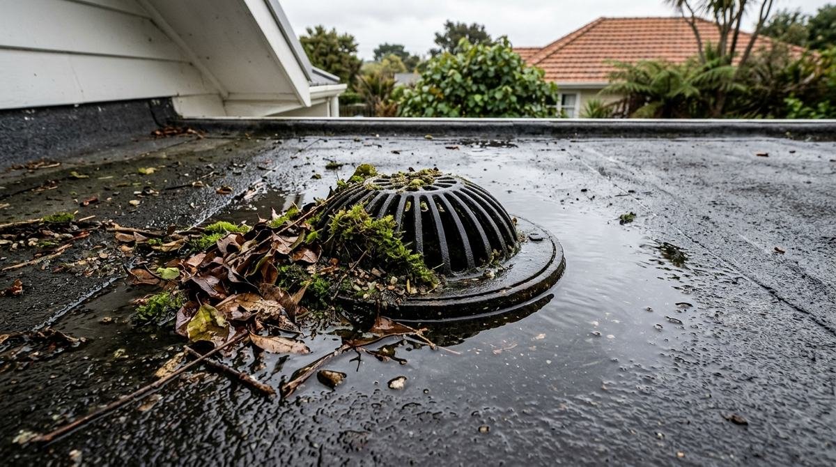 Roof outlet on a flat membrane roof blocked with wet leaves and moss