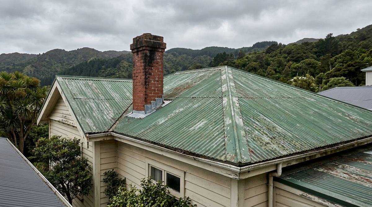 Older Dunedin bungalow with a faded green painted corrugated steel roof