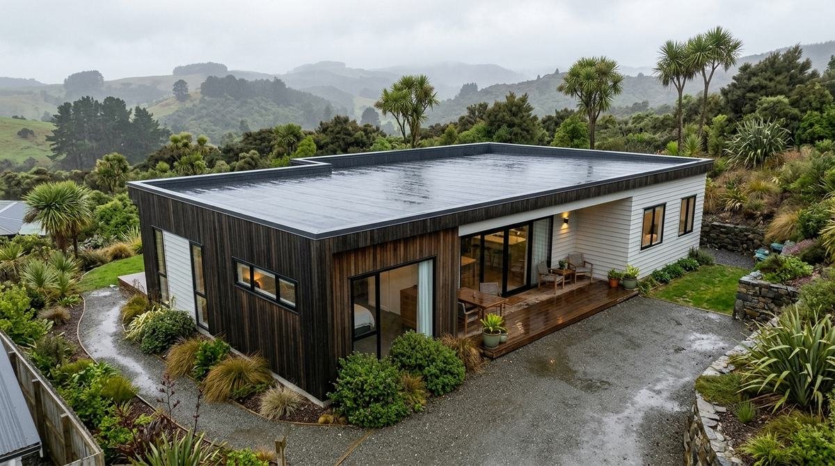 Modern New Zealand home with a flat membrane roof after rain