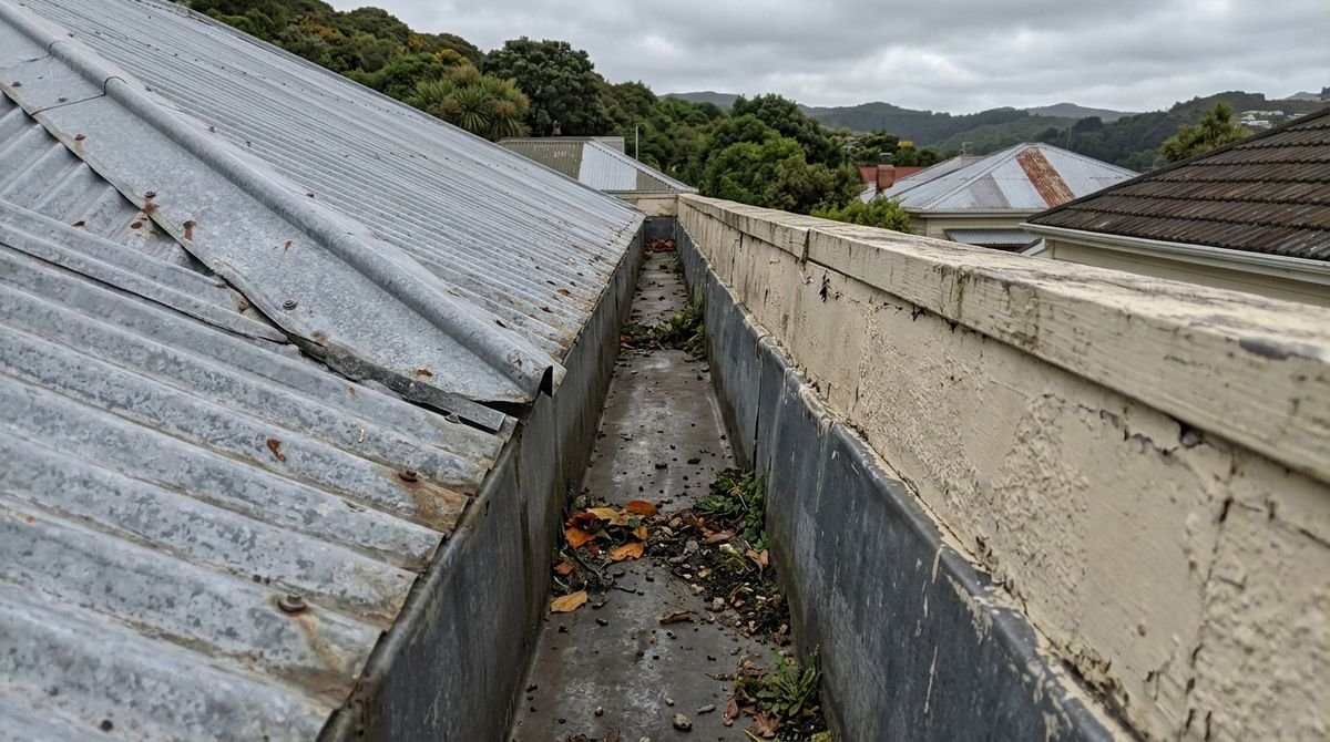 Metal box gutter running behind a parapet wall on an older New Zealand house