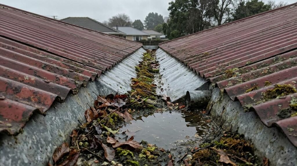 Internal gutter between two roof planes blocked with leaves, moss and standing water