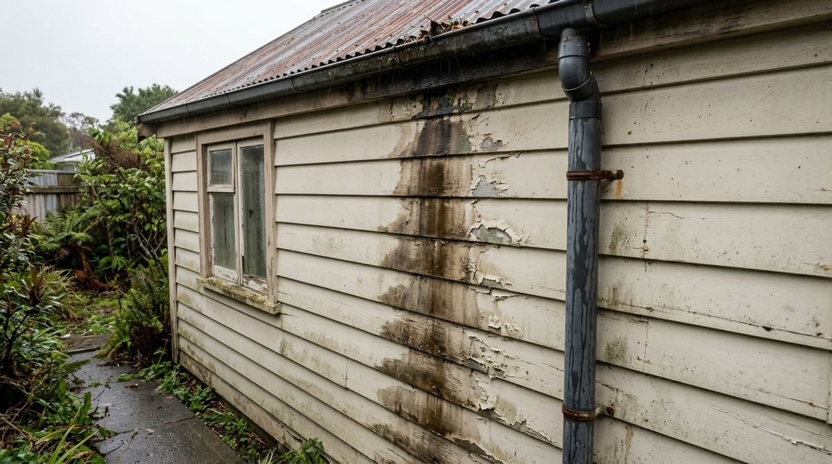 Damp stain running down a weatherboard wall below the roof line where a gutter has overflowed