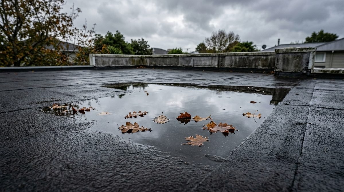 Water ponding on a flat membrane roof with fallen leaves floating in it