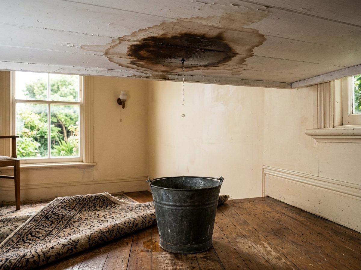 roof repairs ceiling leak into a bucket on a dunedin property